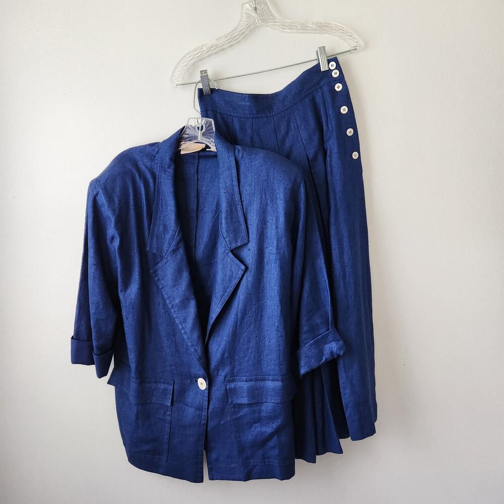 Liz Claiborne Linen Jacket 6 Gauchos Pants 8 Set Navy Wide Leg Crop Pleated Chic